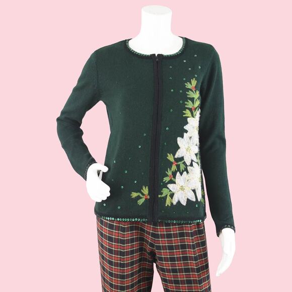 Ugly Christmas Dark Green Floral Poinsettias Cardigan Women's Small - Picture 1 of 10